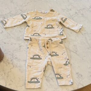 Zara Baby Car Print Outfit 2 Piece Set 0-3M Cream Green Lounge Set